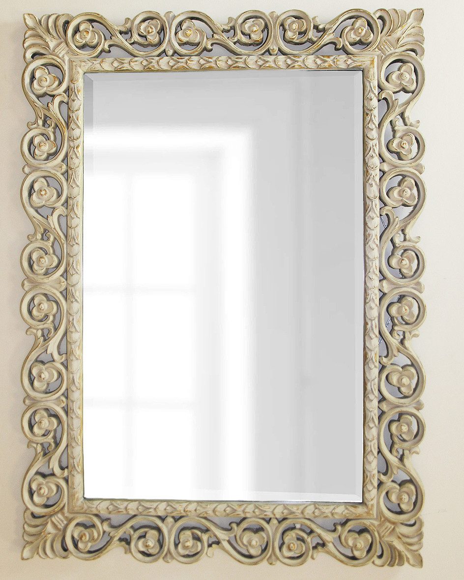 Зеркало настенное в раме "Бергамо" с завитушками в цвете слоновая кость