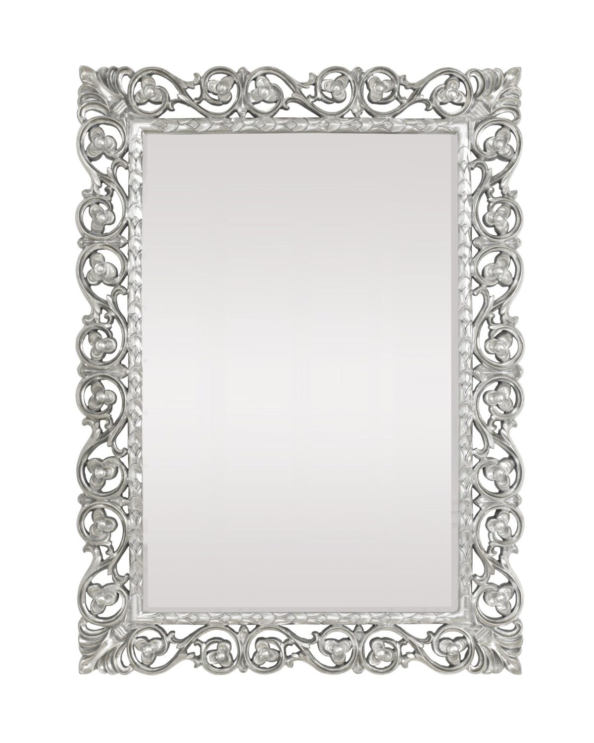 Зеркало с завитушками в прямоугольной раме "Бергамо" тайваньское серебро (вид спереди)