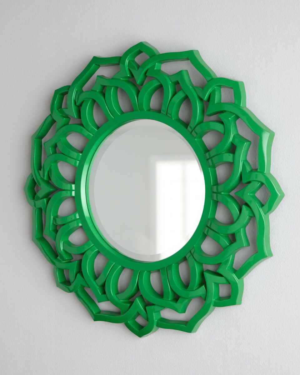 Круглое настенное зеркало в зеленой раме "Коул" (вид сбоку)