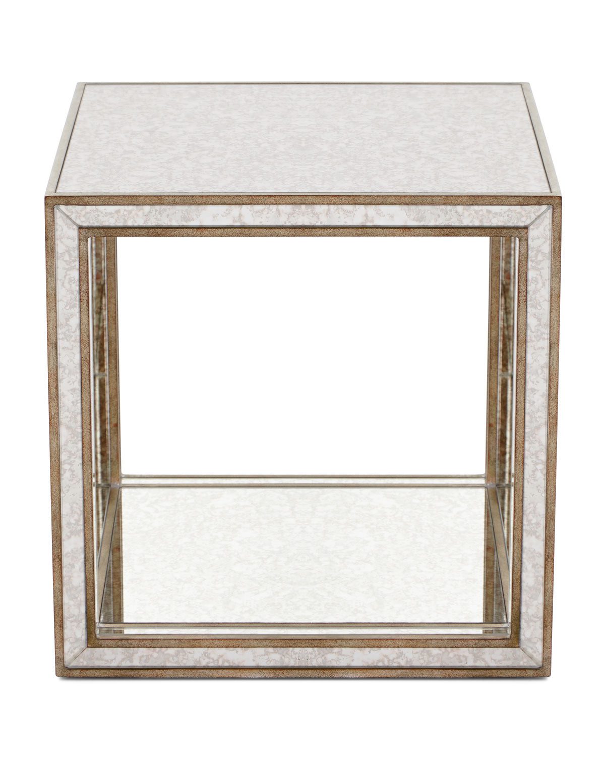 Журнальный стол из состаренного зеркала в виде куба "Фиона" (на белом фоне, вид спереди)