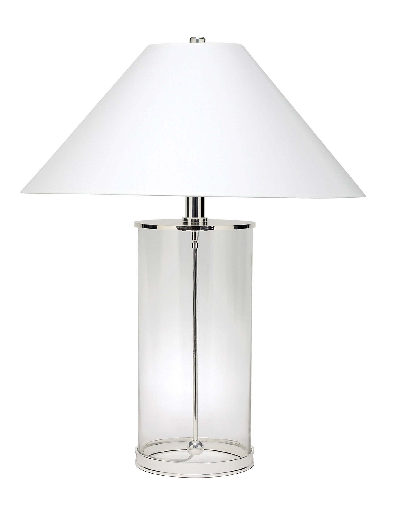 Серебряная настольная лампа "Сандерс", основание сделано из прозрачного стекла в виде тубуса.