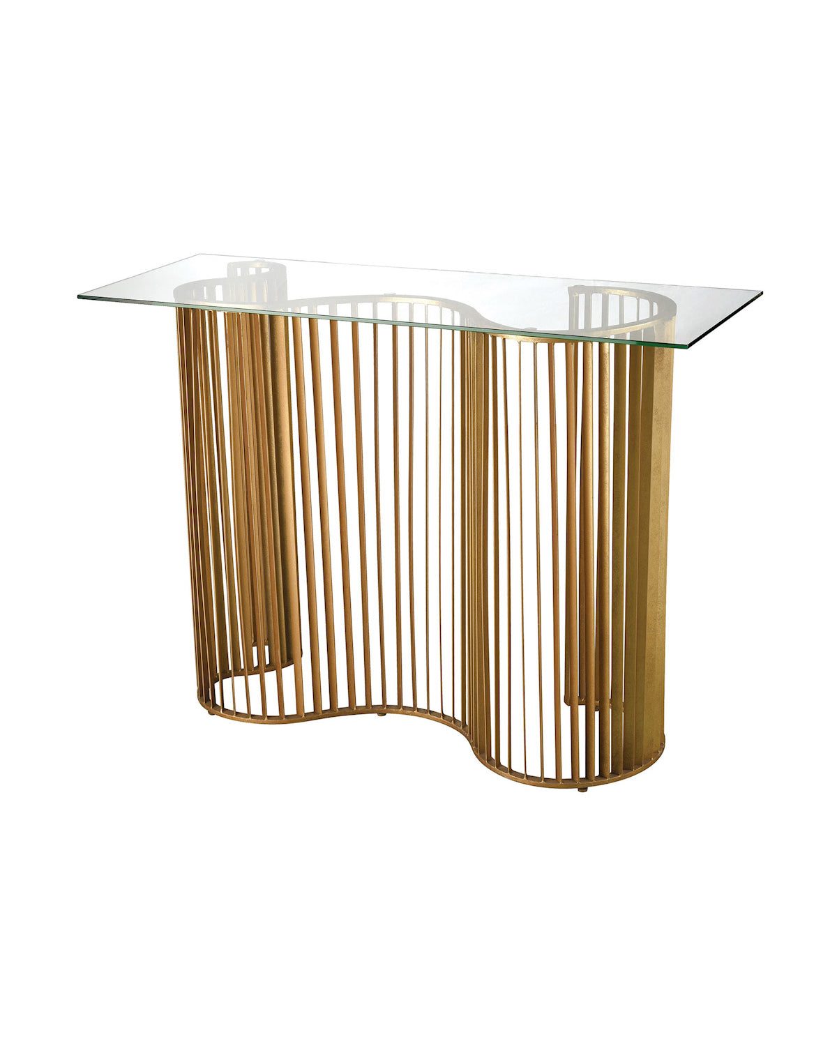 Золотой консоль-стол "Бостон", имеет похожее на волнообразный изгиб стальное подстолье
