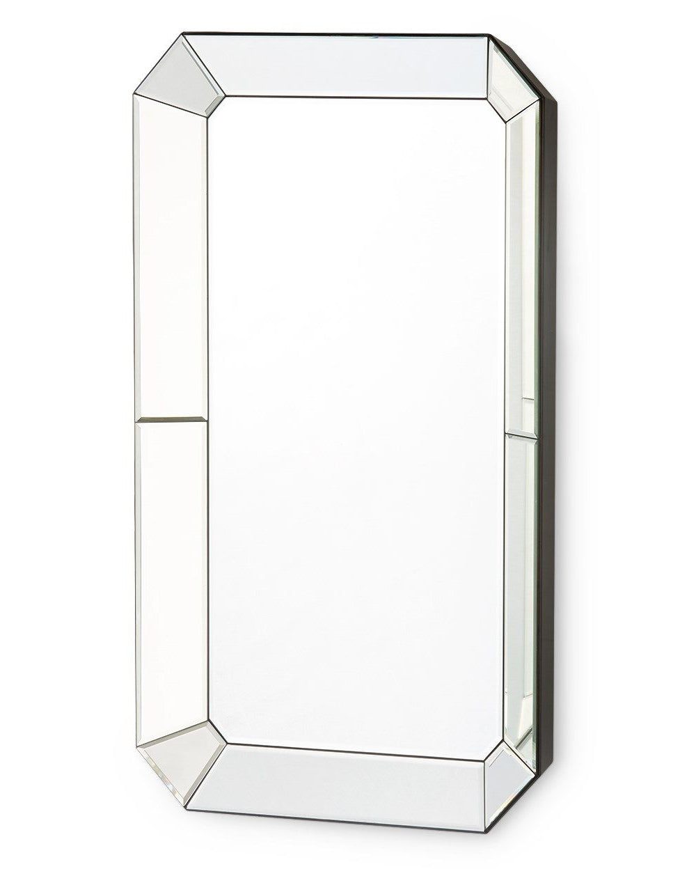 Современное настенное зеркало с прямоугольной зеркальной рамой "Вудроу"(в интерьере ванной) (на белом фоне, вид сбоку)