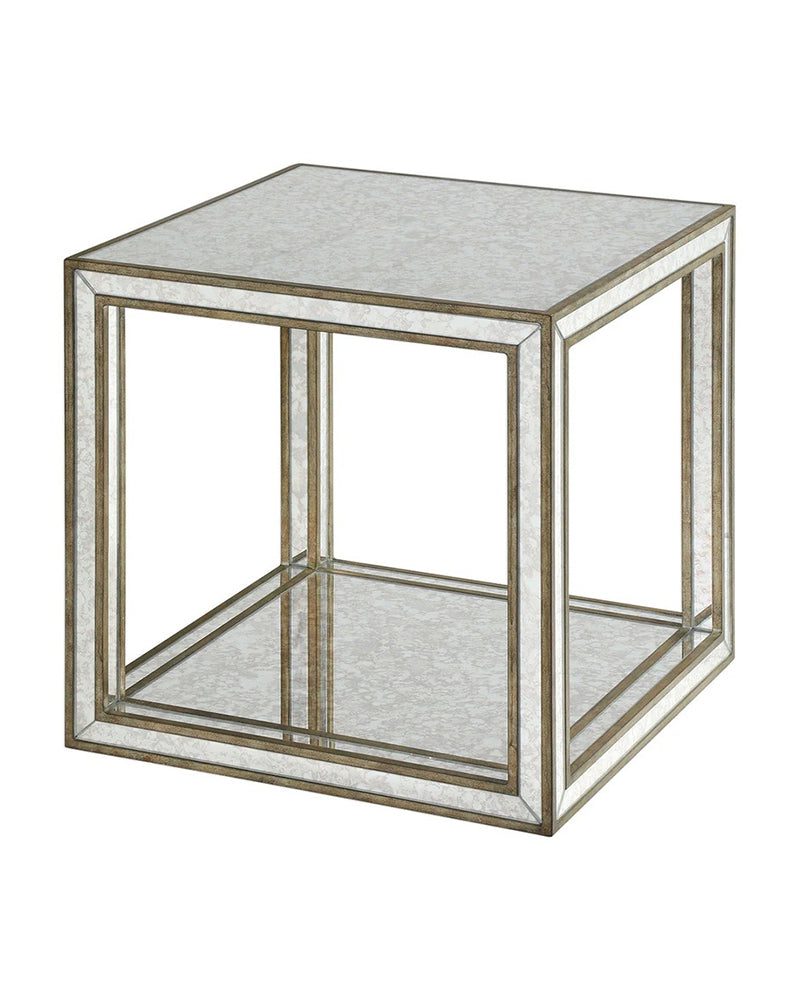Журнальный стол из состаренного зеркала в виде куба "Фиона" (на белом фоне, вид сбоку)