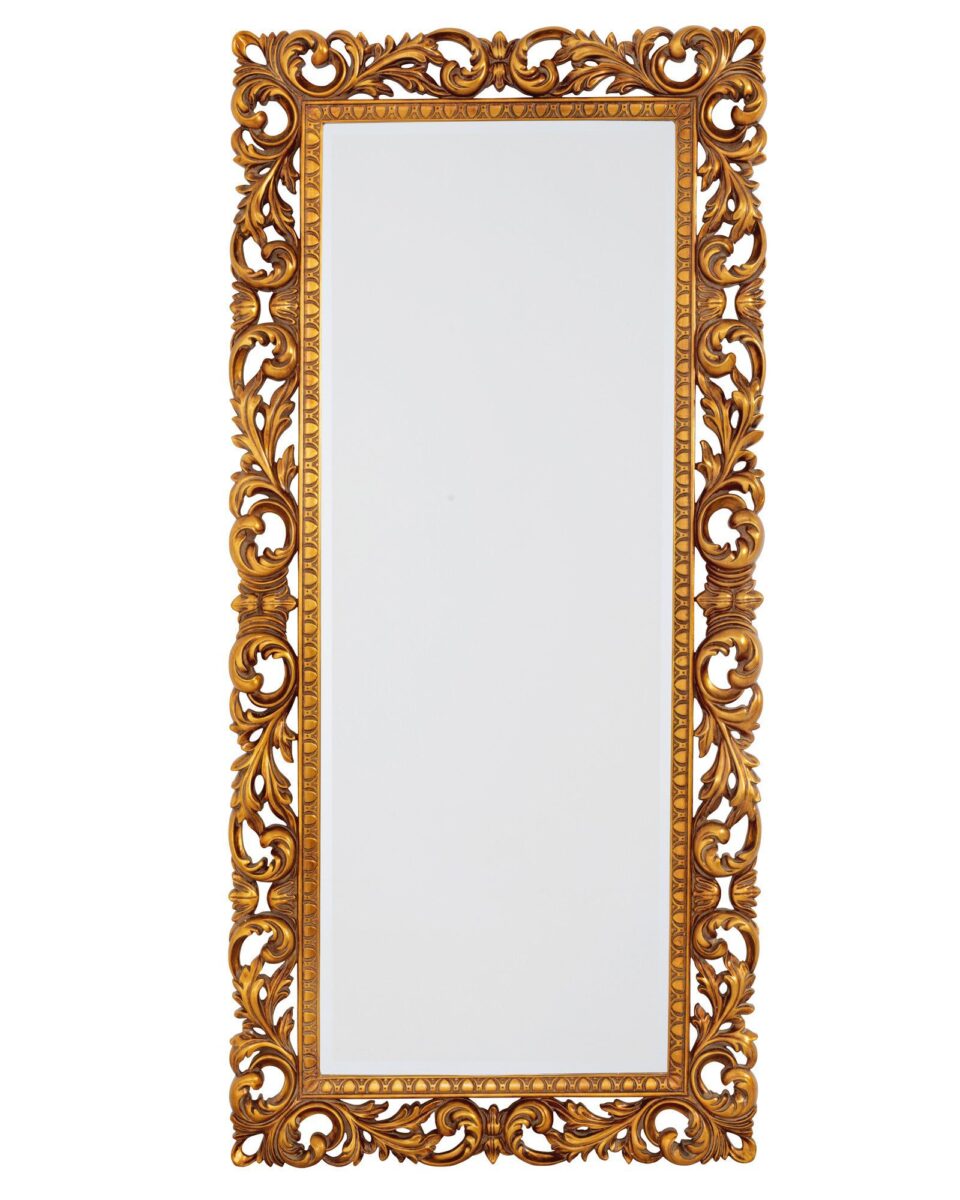 Прямоугольное золотое напольное зеркало "Кингстон" (на белом фоне, вид спереди)