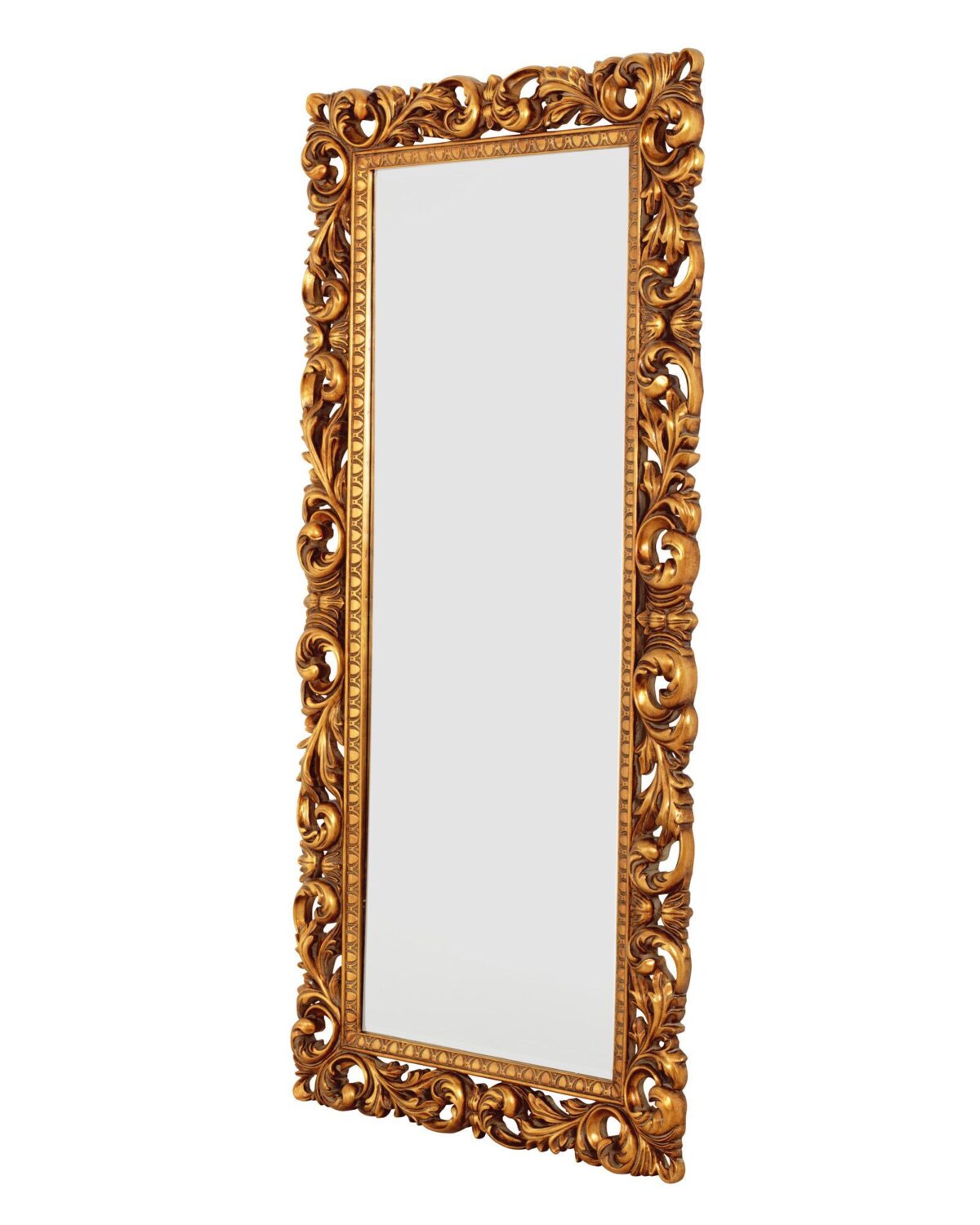 Прямоугольное золотое напольное зеркало "Кингстон" (на белом фоне, вид сбоку)