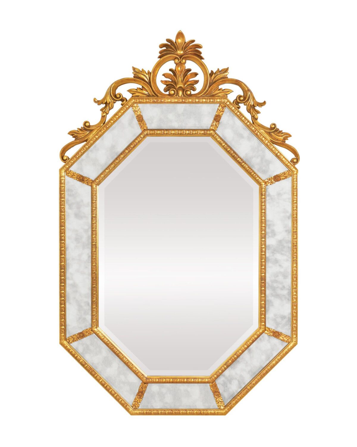 Большое золотое настенное восьмиугольное зеркало "Лидс" в стиле барокко (вид спереди)