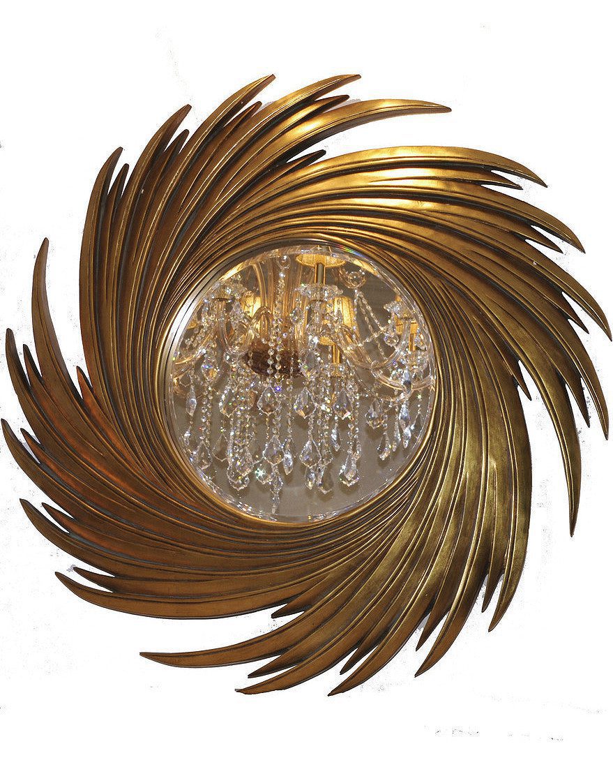 Круглое зеркало в виде вихря с золотой рамой "Свирл" (на белом фоне, вид спереди)