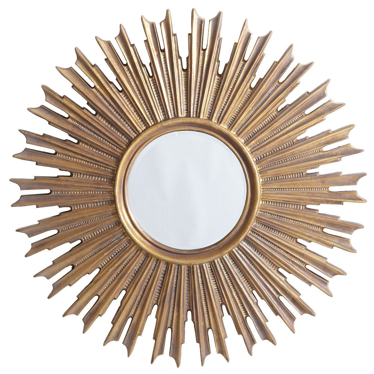 Зеркало-солнце в золотой раме "Эллисон" (вид спереди, на белом фоне)