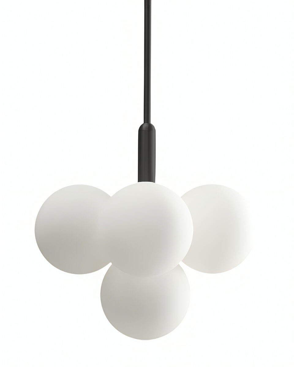 Чёрный подвесной светильник "Маниса" в современном стиле - это четыре круглых белых плафона из стекла, которые распространяют мягкий свет.