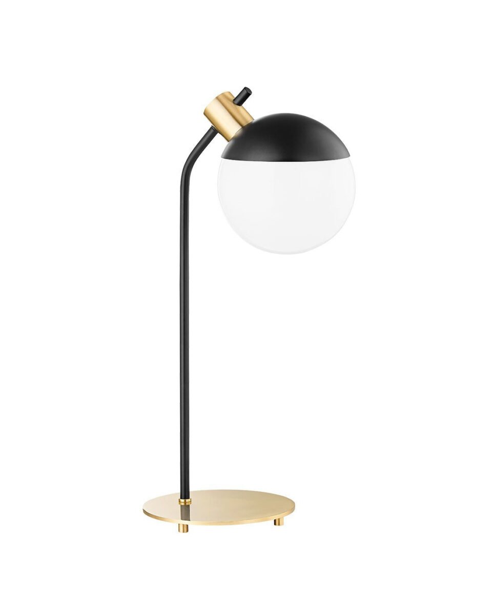 Настольная лампа "Миранда" - это мягкая черная отделка с круглым белым плафоном из стекла