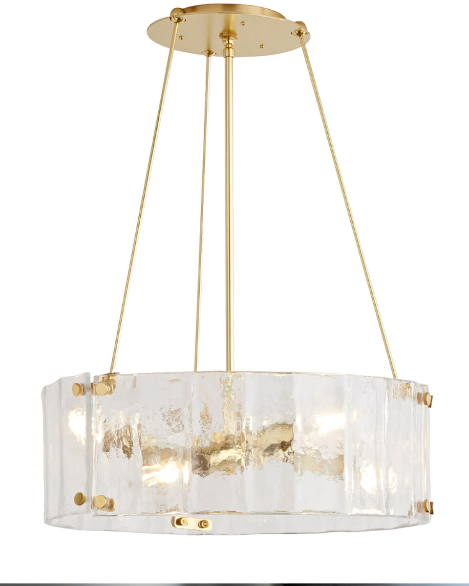 Круглая золотая люстра "Норидж" в стиле ар-деко со стеклянным рифленым плафоном
